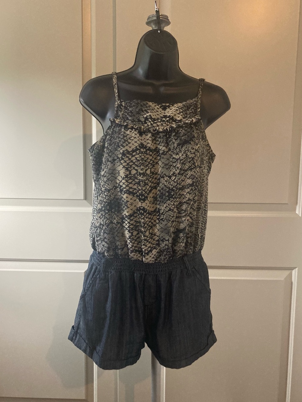 Blue Spice Black and Cream Romper with Snake-Print Bodice